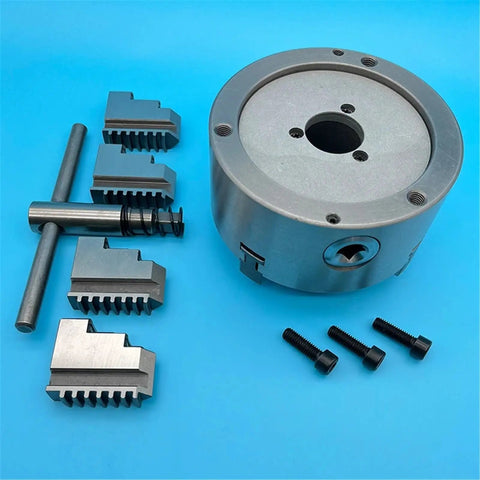 Rock Solid 130Mm Four Jaw Self Centering Lathe Chuck K12-130 with jaws and tool for mini metal lathe WM210V projects.