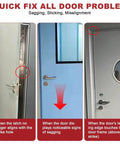 Comparison of door alignment issues showing sagging, misalignment, and sticking, addressed by a 4 In 1 Door Hinge Adjustment Tool Kit