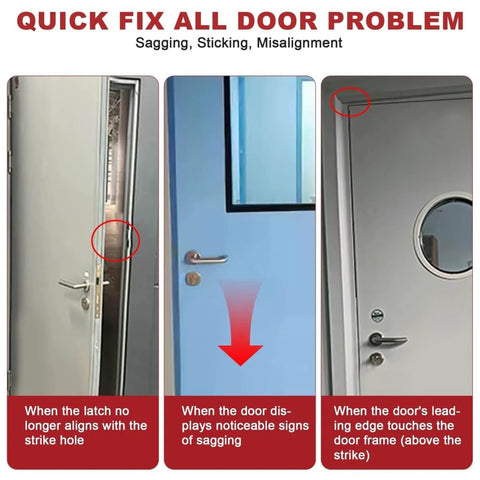 Comparison of door alignment issues showing sagging, misalignment, and sticking, addressed by a 4 In 1 Door Hinge Adjustment Tool Kit