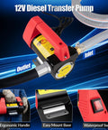 Heavy Duty 12V Diesel Transfer Pump Kit 11.9 GPM Electric Fuel Pump with ergonomic handle and easy mount base.