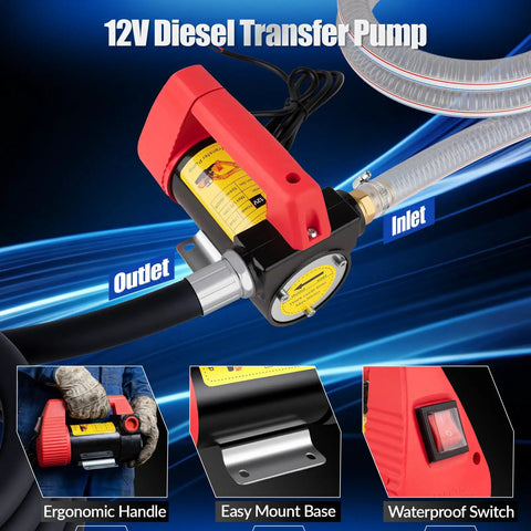 Heavy Duty 12V Diesel Transfer Pump Kit 11.9 GPM Electric Fuel Pump with ergonomic handle and easy mount base.