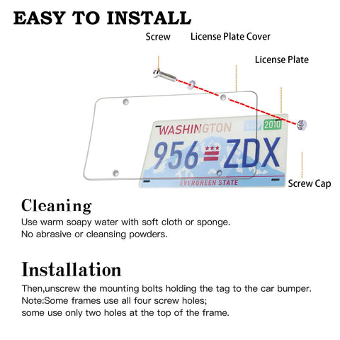 Instructions for installing Crystal Clear License Plate Cover Set With Unbreakable Frame Street Legal And See Through For Real Fits Any Standard US Plates Includes Screws 2 Sets Durable License Plate Protector