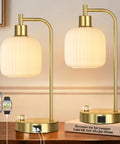 Pair of Industrial Touch Control Desk Lamps with Glass Shades, Dual USB Ports, and Outlet for charging, on a wooden surface.