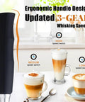 Black handheld Milk Frother Wand For Coffee, Totally Handheld Rechargeable Electric Whisk With Three Heads And Three Speeds in kitchen.