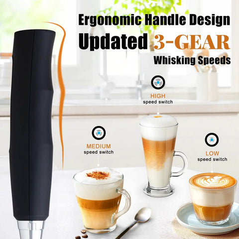 Black handheld Milk Frother Wand For Coffee, Totally Handheld Rechargeable Electric Whisk With Three Heads And Three Speeds in kitchen.