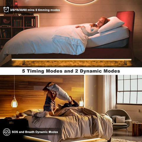 Bedroom with Cozy Warm White LED Strip Lights 32.8ft Dimmable Rope Light with RF Remote Control in timed mode under bed.