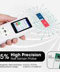 Portable Gauss Meter With Rechargeable Battery 25000 Gauss 2500 MilliTesla Range Magnetometer For Magnetic Field Testing North South Pole Detection Data Logging And Alarm Plus Or Minus Five Percent Accuracy For Factory QC And Workshops, handheld white unit