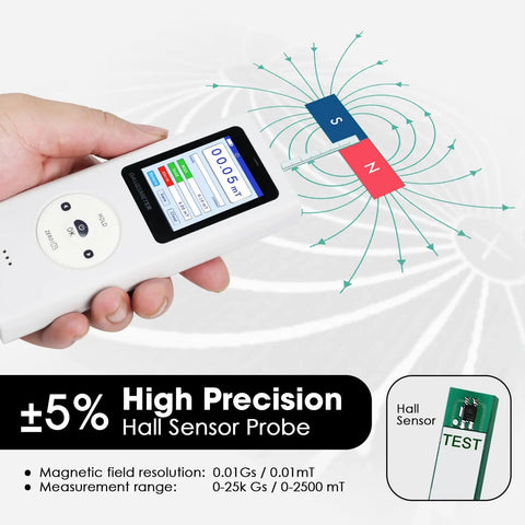 Portable Gauss Meter With Rechargeable Battery 25000 Gauss 2500 MilliTesla Range Magnetometer For Magnetic Field Testing North South Pole Detection Data Logging And Alarm Plus Or Minus Five Percent Accuracy For Factory QC And Workshops, handheld white unit