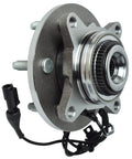 4WD Front Wheel Bearing Hub Assembly For Ford F-150 2004 to 2008, Expedition 2003 to 2006, Navigator 2003 to 2006, Mark LT 2006 to 2008, 6-Lug ABS Compatible Replacement Hub shown. Features silver 6-lug design with ABS sensor and wiring, front view.