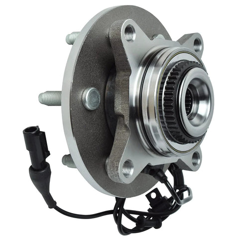 4WD Front Wheel Bearing Hub Assembly For Ford F-150 2004 to 2008, Expedition 2003 to 2006, Navigator 2003 to 2006, Mark LT 2006 to 2008, 6-Lug ABS Compatible Replacement Hub shown. Features silver 6-lug design with ABS sensor and wiring, front view.