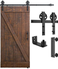 Heavy Duty Sliding Barn Door Hardware Kit in Black with Industrial Wheel Hangers, Includes Pull Handle Set and Floor Guide.