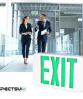 Slick Double Pack LED Exit Signs With Rock Solid Battery Backup, Hella Bright Green Exit Light For Indoor Hallways, Hardwired 120V To 277V Wall Or Ceiling Mount Featuring Glowing Arrow For Dead Simple Safety Upgrades in office corridor.