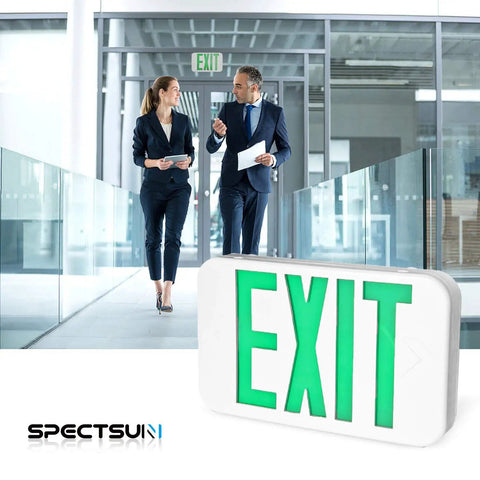 Slick Double Pack LED Exit Signs With Rock Solid Battery Backup, Hella Bright Green Exit Light For Indoor Hallways, Hardwired 120V To 277V Wall Or Ceiling Mount Featuring Glowing Arrow For Dead Simple Safety Upgrades in office corridor.