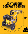 Powerful 3300 PSI Gas Pressure Washer With 2.4 GPM, 208cc Residential Engine on wheels with compact design highlighted