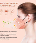 Woman wearing Colorful KN95 Face Masks For Adults Pack Of 30 Individually Wrapped Comfortable Breathable Fit With Adjustable Black Earloops Snug All Day Wear For Women And Men High Filtration 95 Percent Plus Everyday Use, showing 3D design