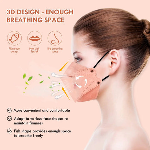 Woman wearing Colorful KN95 Face Masks For Adults Pack Of 30 Individually Wrapped Comfortable Breathable Fit With Adjustable Black Earloops Snug All Day Wear For Women And Men High Filtration 95 Percent Plus Everyday Use, showing 3D design