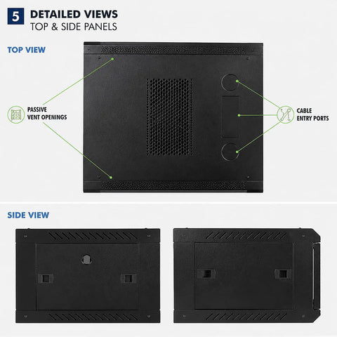 Top and side views of Heavy Duty Wall Mount Server Rack Cabinet With Locking Tempered Glass Door For Network Switches Routers.