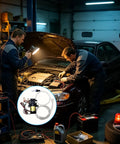 Must-Have 12V Self-Priming Oil Transfer Pump For Fast Fluid Extraction From Cars Trucks Boats And Lawn Mowers In Your Garage Or Shop During Any Weekend Project. Mechanics working on a car engine at night.