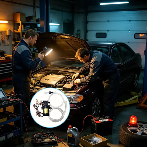 Must-Have 12V Self-Priming Oil Transfer Pump For Fast Fluid Extraction From Cars Trucks Boats And Lawn Mowers In Your Garage Or Shop During Any Weekend Project. Mechanics working on a car engine at night.