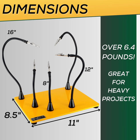 Deluxe Soldering Station With Five Magnetic Arms and Steel Base showing size dimensions for precise PCB work.