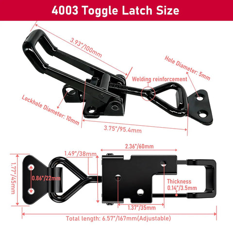 Beefy Heavy Duty Toggle Clamp Latch Set Two Pack 1320Lbs Capacity 4003 Style Adjustable Quick Release Hasp Clamps with dimensions shown