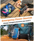 Person using a Solar Power Bank With Hand Crank And Four Cables 20000mAh Wireless Portable Charger to power a tablet and solar charging on backpack.