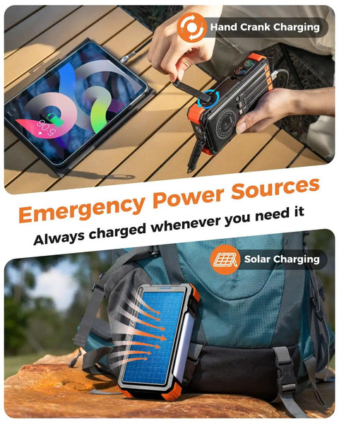 Person using a Solar Power Bank With Hand Crank And Four Cables 20000mAh Wireless Portable Charger to power a tablet and solar charging on backpack.