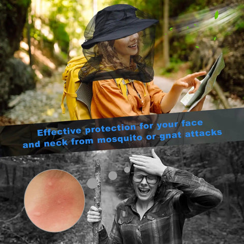Premium Mosquito Head Net 2 Pack for Camping shown on person with hat, illustrating face and neck protection outdoors.