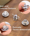 Hinge Head Silver Tea Set Door Decor Toppers Three Pack Magnetic Miniature Teapot And Cup Figurines For Doors, close-up view