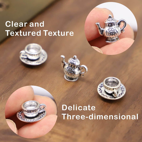 Hinge Head Silver Tea Set Door Decor Toppers Three Pack Magnetic Miniature Teapot And Cup Figurines For Doors, close-up view