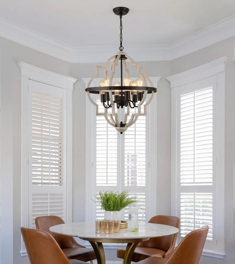 Farmhouse Rustic Chandelier With ORB Finish And Oak Tone, 6 Light Vintage Antique Pendant Light Fixture in dining room