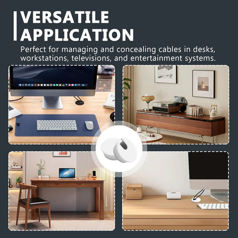 Killer White Desk Cable Grommet Kit, 5 Pack Wire Management Hole Covers in various desk setups, sleek design for electronics.