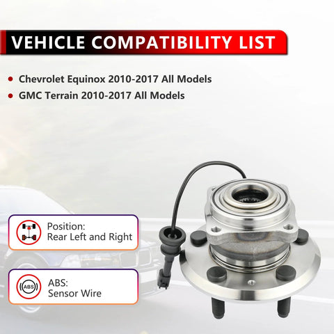 Rear Wheel Bearing And Hub Assembly Fits Chevy Equinox And GMC Terrain 2010 Through 2017 5 Lug With ABS Bolt On Drop In Replacement