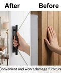 Comparison of a hand holding one of the 4 Pack Self Stick Cabinet Handles Pulls No Drill Install ABS Plastic Drawer Pulls on a white door
