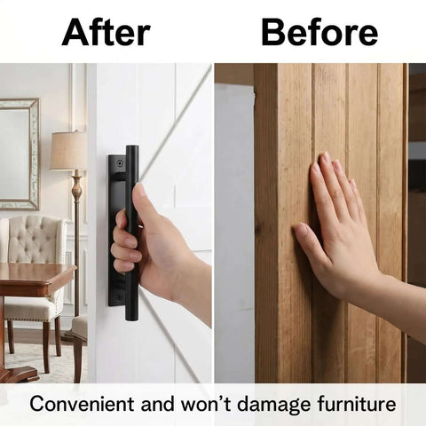 Comparison of a hand holding one of the 4 Pack Self Stick Cabinet Handles Pulls No Drill Install ABS Plastic Drawer Pulls on a white door