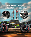 All New Design adjustable shocks on Brushless One Fourteenth Scale RC Truggy For Adults, Blazing 50 MPH Offroad 4x4 Monster Truck