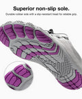 Wide Toe Barefoot Water Shoes For Women Slip On Quick Dry Lightweight Footwear For Walking Hiking Swimming And Water Aerobics With Rapid Dry Knit Upper And Sock Like Fit In Light Gray Purple Size Eight Point Five US with non-slip purple sole view