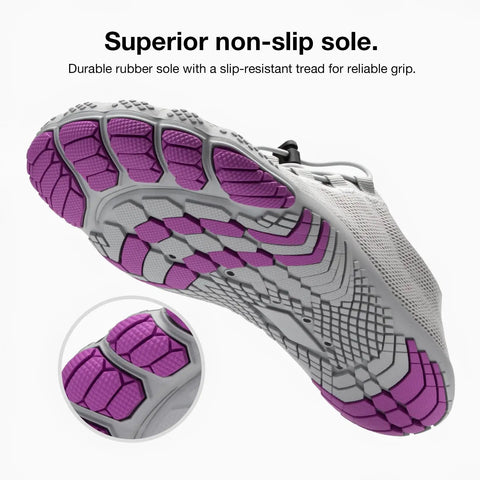 Wide Toe Barefoot Water Shoes For Women Slip On Quick Dry Lightweight Footwear For Walking Hiking Swimming And Water Aerobics With Rapid Dry Knit Upper And Sock Like Fit In Light Gray Purple Size Eight Point Five US with non-slip purple sole view