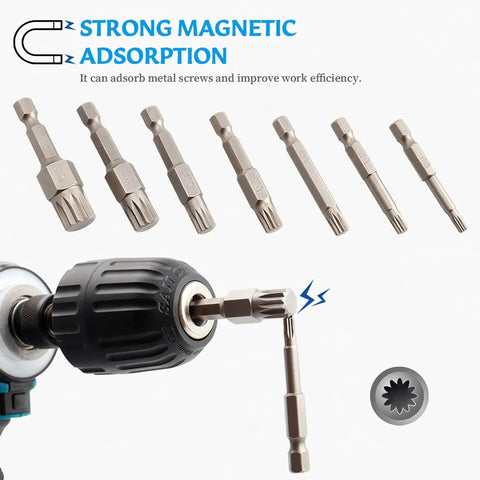 Top Notch 7 Piece Triple Square Spline Bit Set With 1/4 Inch Hex Shank And 12 Point Magnetic Torx Head for easy fastener swaps.