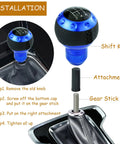 Bold Blue Five Speed Ball Shift Knob With Crisp Gear Map For Manual Transmissions showing installation steps and components.