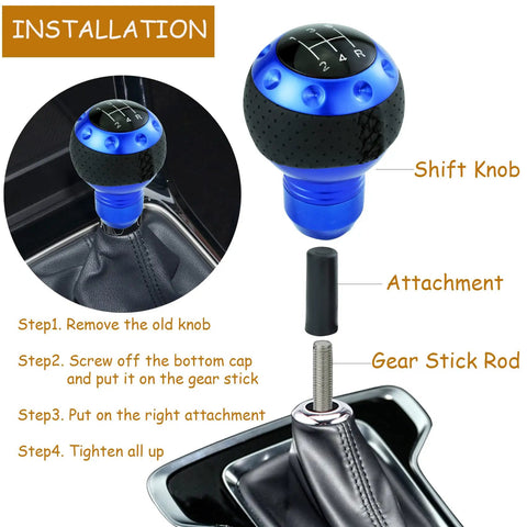 Bold Blue Five Speed Ball Shift Knob With Crisp Gear Map For Manual Transmissions showing installation steps and components.