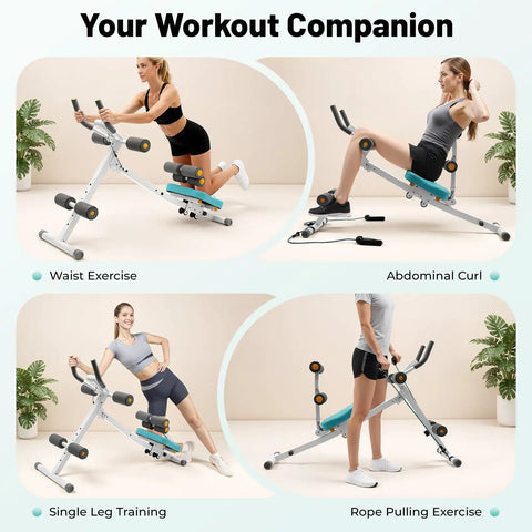 Foldable Ab Trainer For Your Home Gym, Adjustable Full Body Workout Machine in use, showing various exercises.