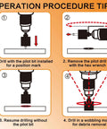 Front-view instructional infographic for 1-inch diamond tile hole-saw bits with pilot drill; four-step drilling procedure.