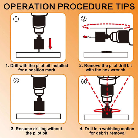 Front-view instructional infographic for 1-inch diamond tile hole-saw bits with pilot drill; four-step drilling procedure.