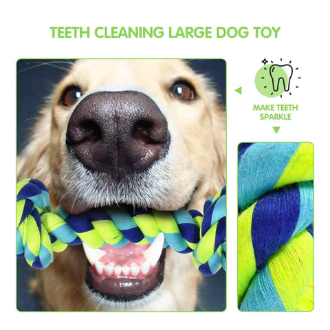 Dog chewing on Indestructible Rope Chew Toys Set For Aggressive Chewers, Heavy Duty Dental Rope Toys For Large Breeds, colorful cotton rope.