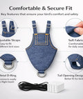 Indoor Pigeon Harness Kit With Reusable Diaper Pants And Flight Training Leash, denim fabric harness with adjustable straps