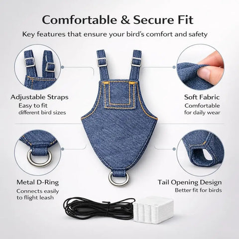 Indoor Pigeon Harness Kit With Reusable Diaper Pants And Flight Training Leash, denim fabric harness with adjustable straps
