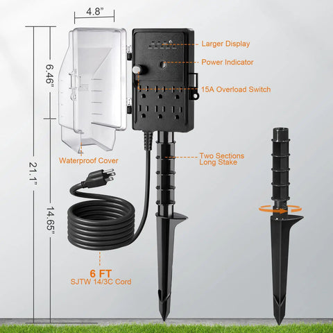 Outdoor Dusk To Dawn Stake Timer Power Hub With Six Outlets, Weatherproof Power Strip On A 6ft Extension Cord, design diagram