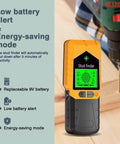 BLIZONTE Stud Finder Wall Scanner, 6 In 1 Stud Finder Tool with Audible&Visual Alarm, High-precision Stud Finder for Wood AC Wire Metal Studs Pipe, Stud-Finder Magnet Precise Nail Position, Orange showing low battery alert and energy-saving mode.