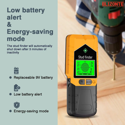 BLIZONTE Stud Finder Wall Scanner, 6 In 1 Stud Finder Tool with Audible&Visual Alarm, High-precision Stud Finder for Wood AC Wire Metal Studs Pipe, Stud-Finder Magnet Precise Nail Position, Orange showing low battery alert and energy-saving mode.